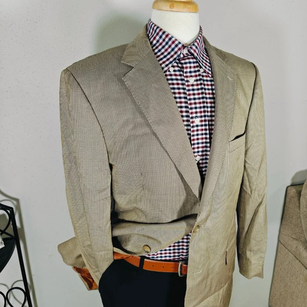 JOS A BANK Model JOSEPH Men's Sport Coat Blazer Houndstooth Silk Wool Brown‎ 44L